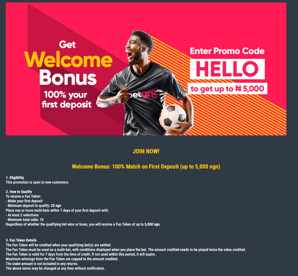 BetGr8 welcome bonus — 100% match up to ₦5,000 with promo code HELLO