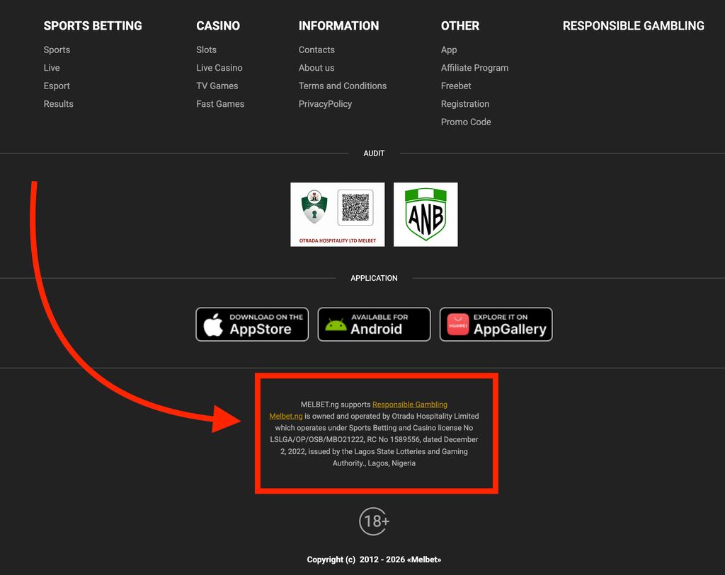 The license information is in the footer of the website. Here is melbet.ng.