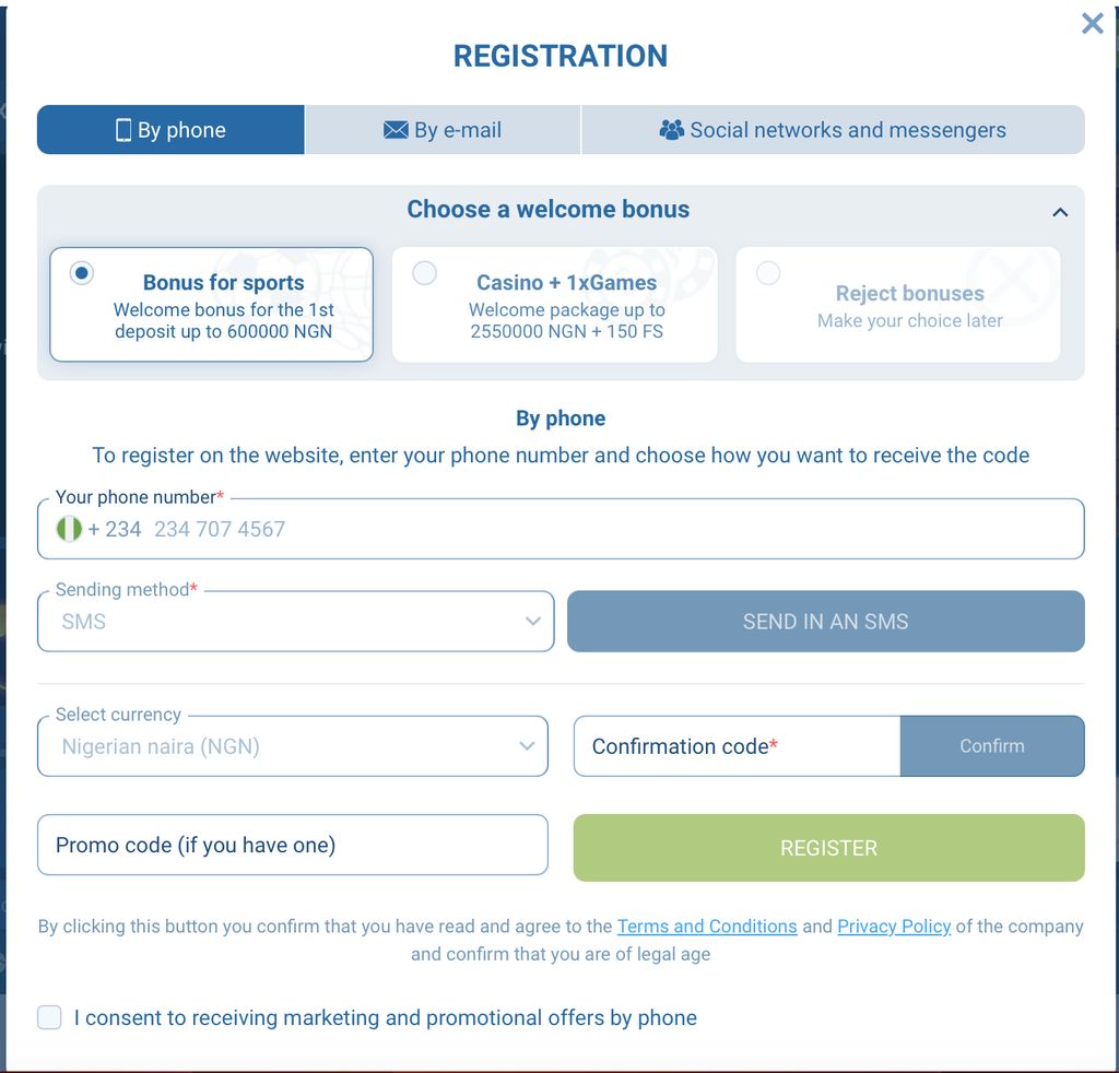 Registration window with bonus selection.