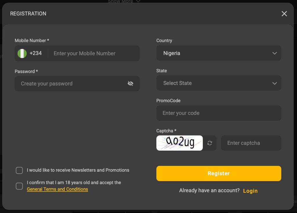 MelBet registration form. 