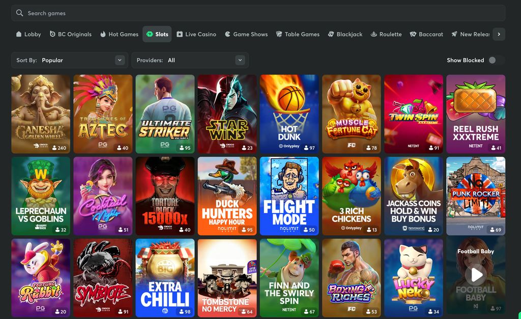 BC.Game casino slots lobby with provider and category filters