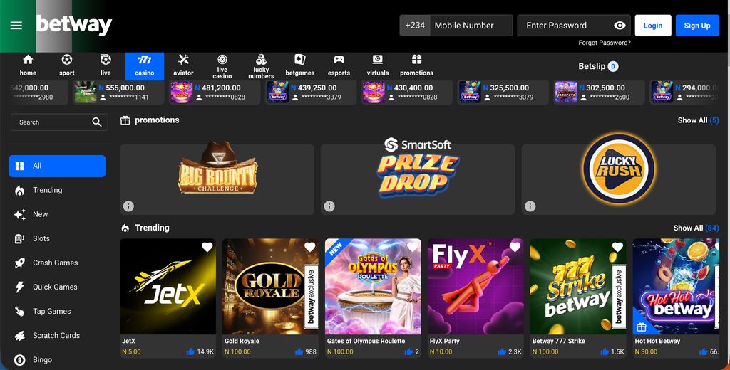 Betway casino homepage with promotions and trending games