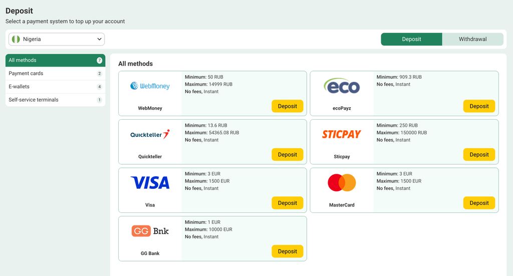 Deposit methods available for Nigerian players on BetWinner