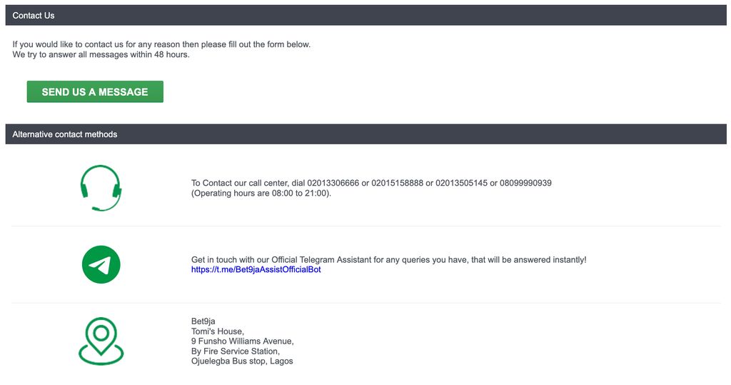 Contact methods on the Bet9ja website