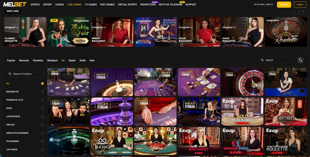 Live casino providers and table selection.