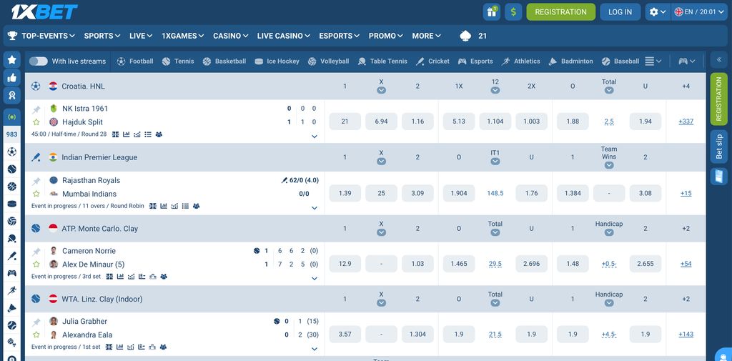 Live betting board with football, cricket and tennis markets.