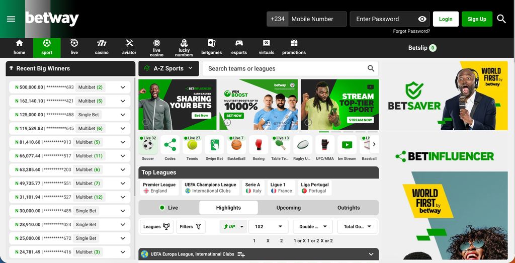 Betway Nigeria sports homepage