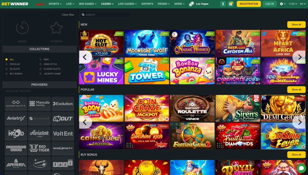 BetWinner casino lobby — slot collections and provider filter