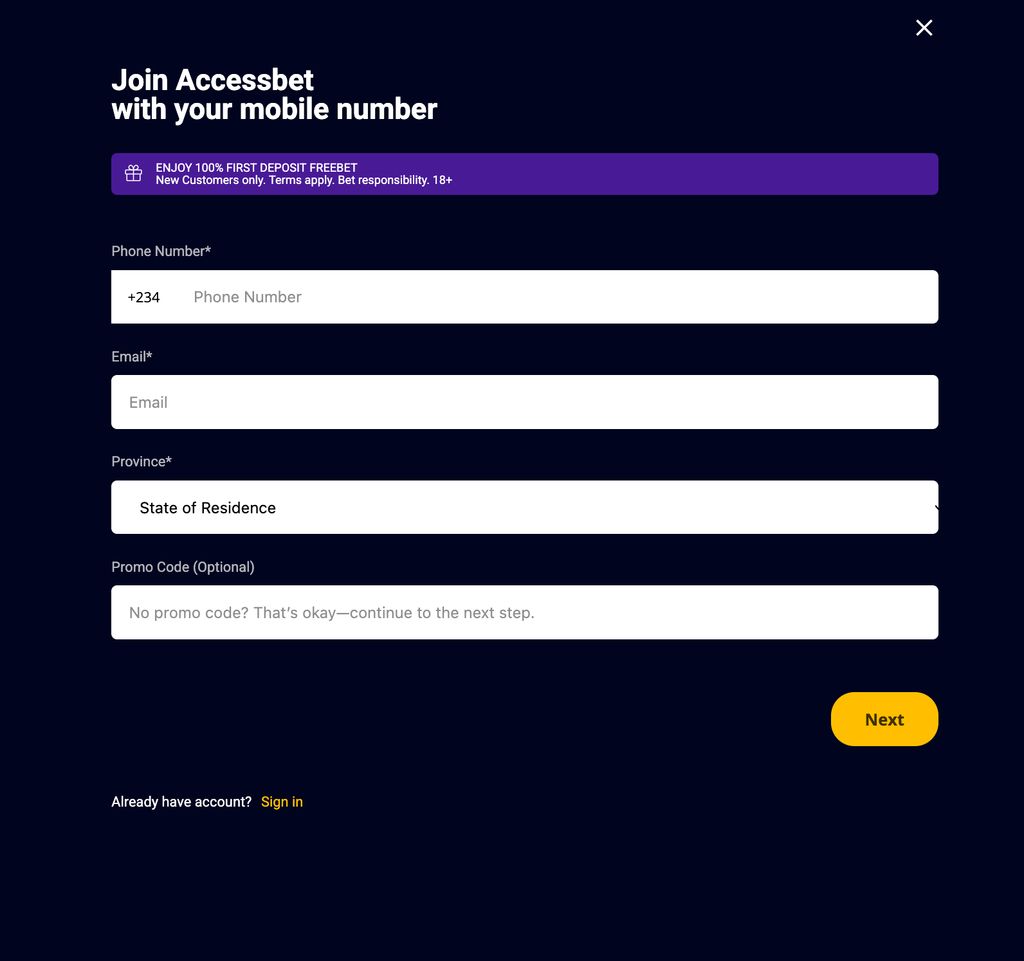 AccessBet registration form with the welcome freebet banner