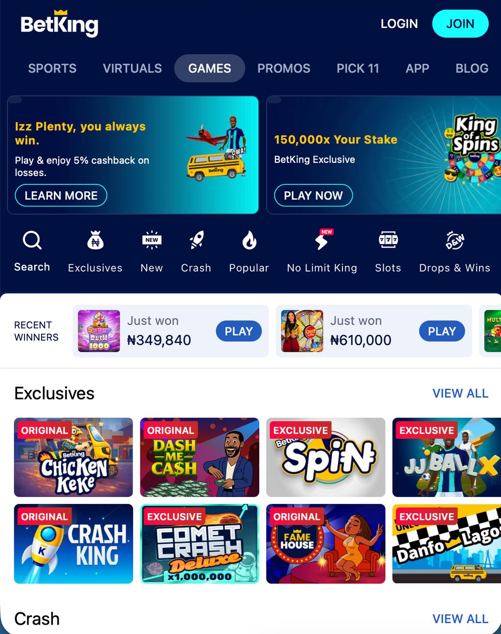 BetKing games lobby with exclusives and category navigation