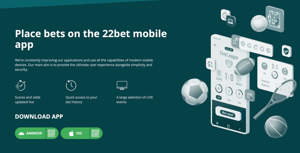 22Bet app download page for Android and iOS