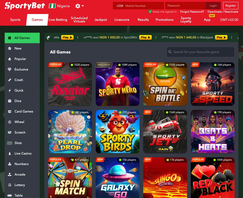 Games lobby with crash titles, slots and quick-play categories.