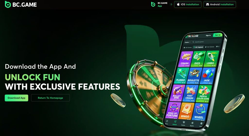 BC.Game app download page with iOS and Android options
