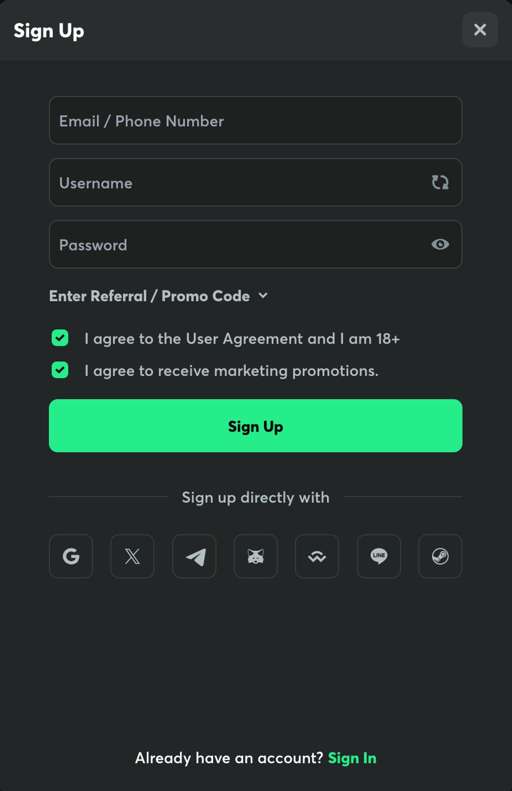 BC.Game sign-up form with email, username, password and promo code fields