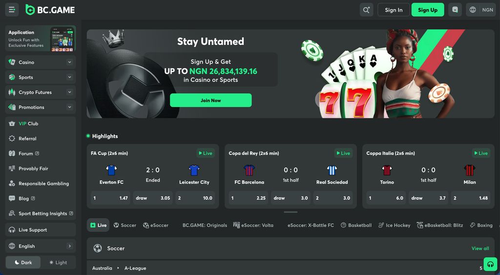 BC.Game homepage with the main navigation and welcome offer banner