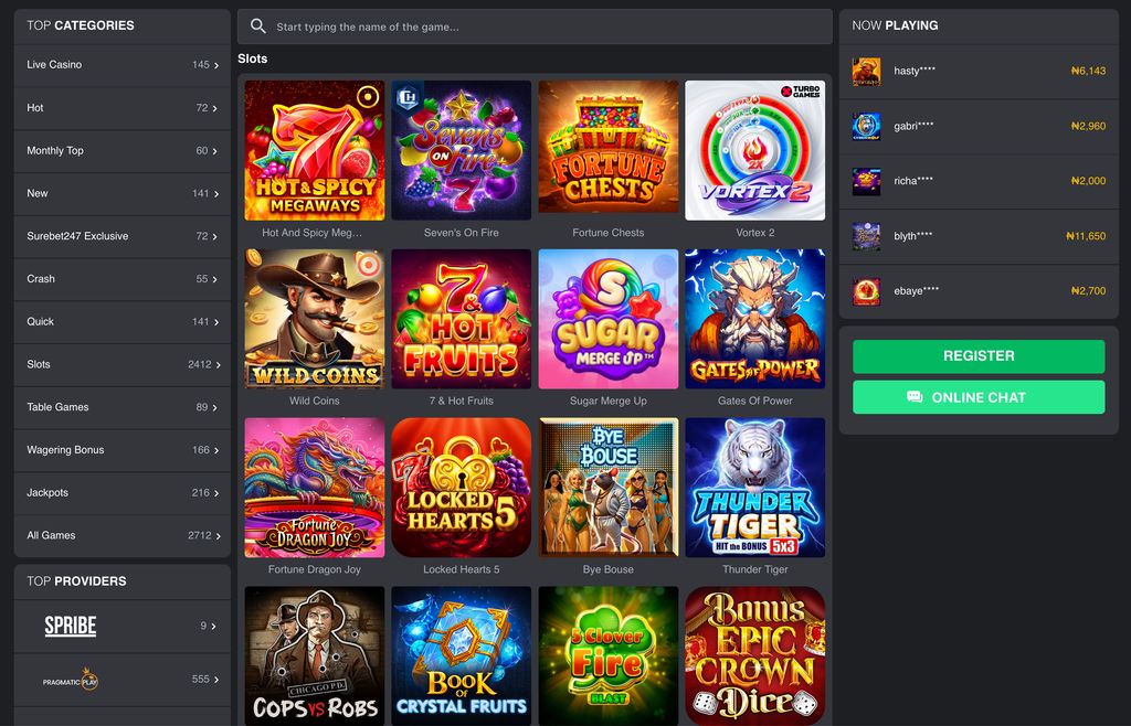 Casino lobby at Surebet247 with game categories and slot titles