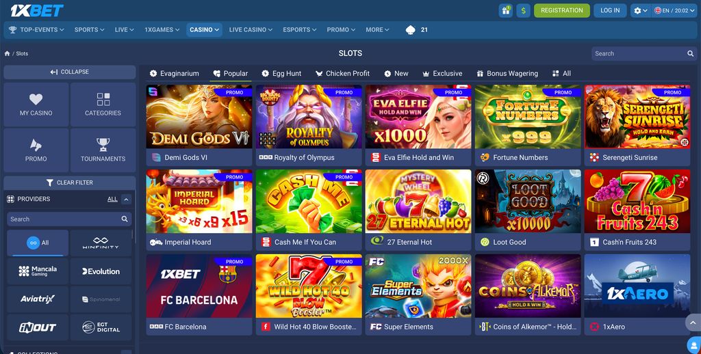 Casino lobby with slot categories and popular titles. 