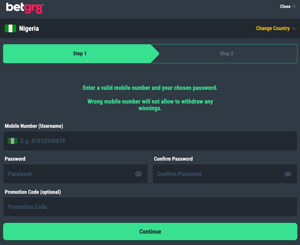 BetGr8 registration form