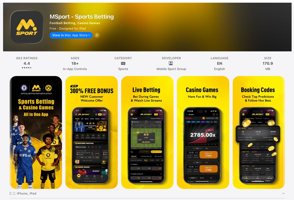 MSport iOS app listing with rating, developer and feature previews.