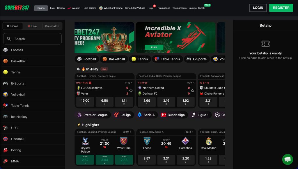 Surebet247 sports homepage with live and pre-match sections