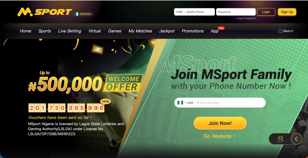 MSport home page with Nigeria market branding, welcome banner and licence display.