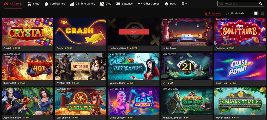 PariPulse Games section with crash, card, and dice games