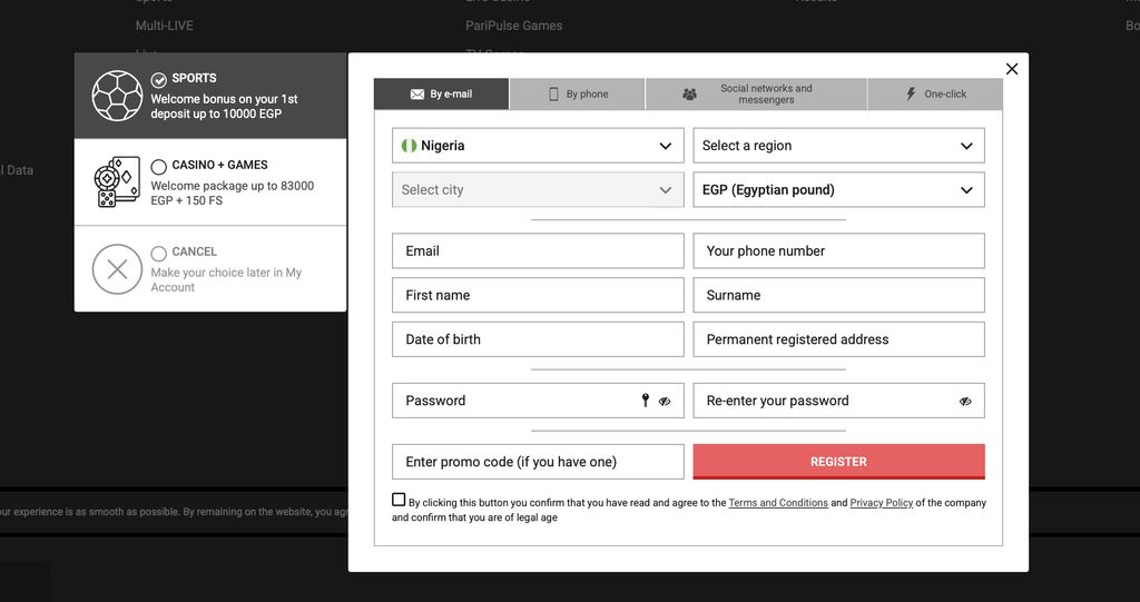 Registration form at PariPulse with welcome bonus selection