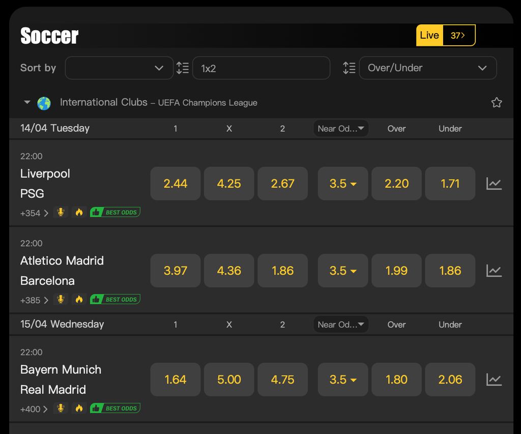MSport football odds board with 1X2 and goal-line markets.