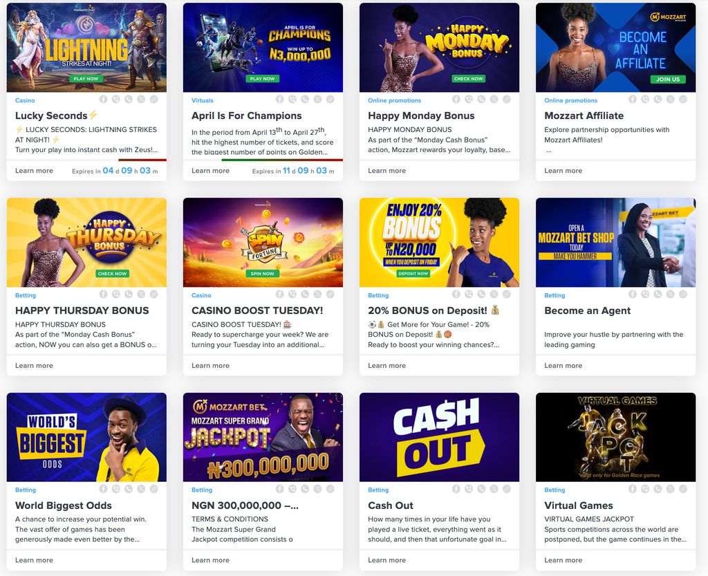 Mozzartbet promotions page with the active bonus banners