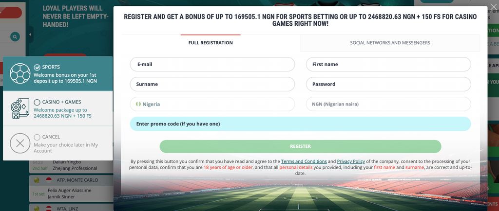 22Bet registration form with bonus selection and promo-code field