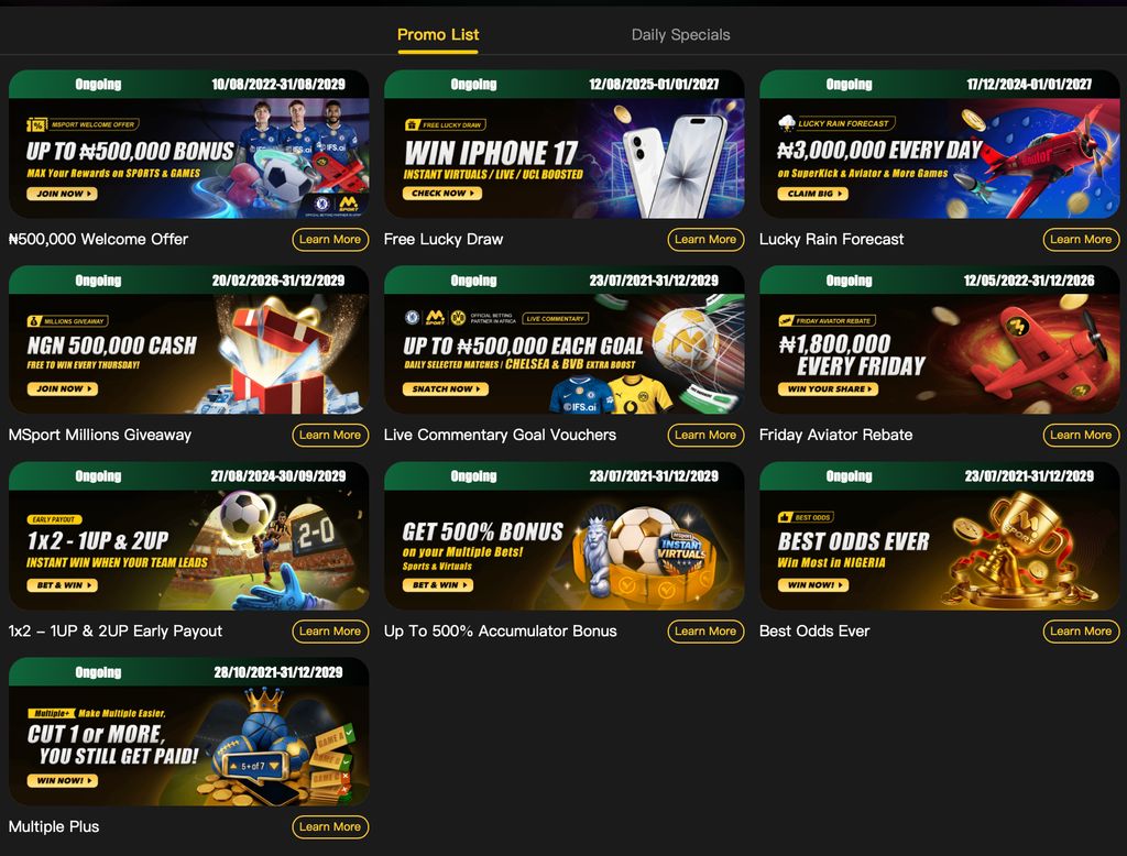 MSport promotions page with the welcome offer and current ongoing campaigns.