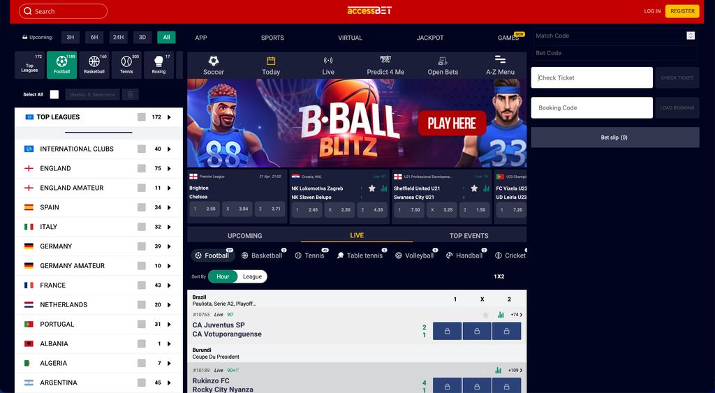 Sportsbook interface with league menu and live betting section