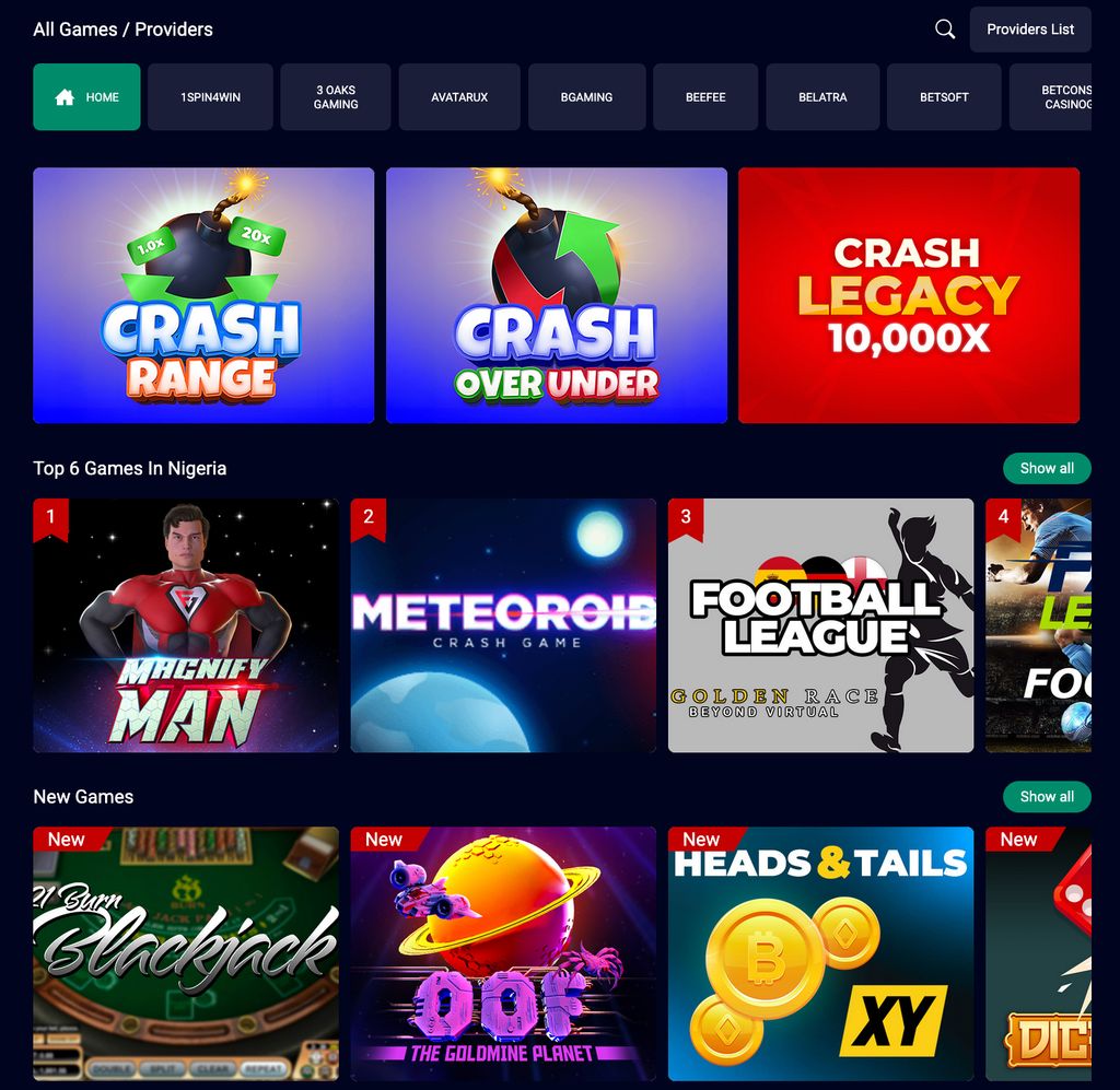 Casino lobby with provider tabs and featured games