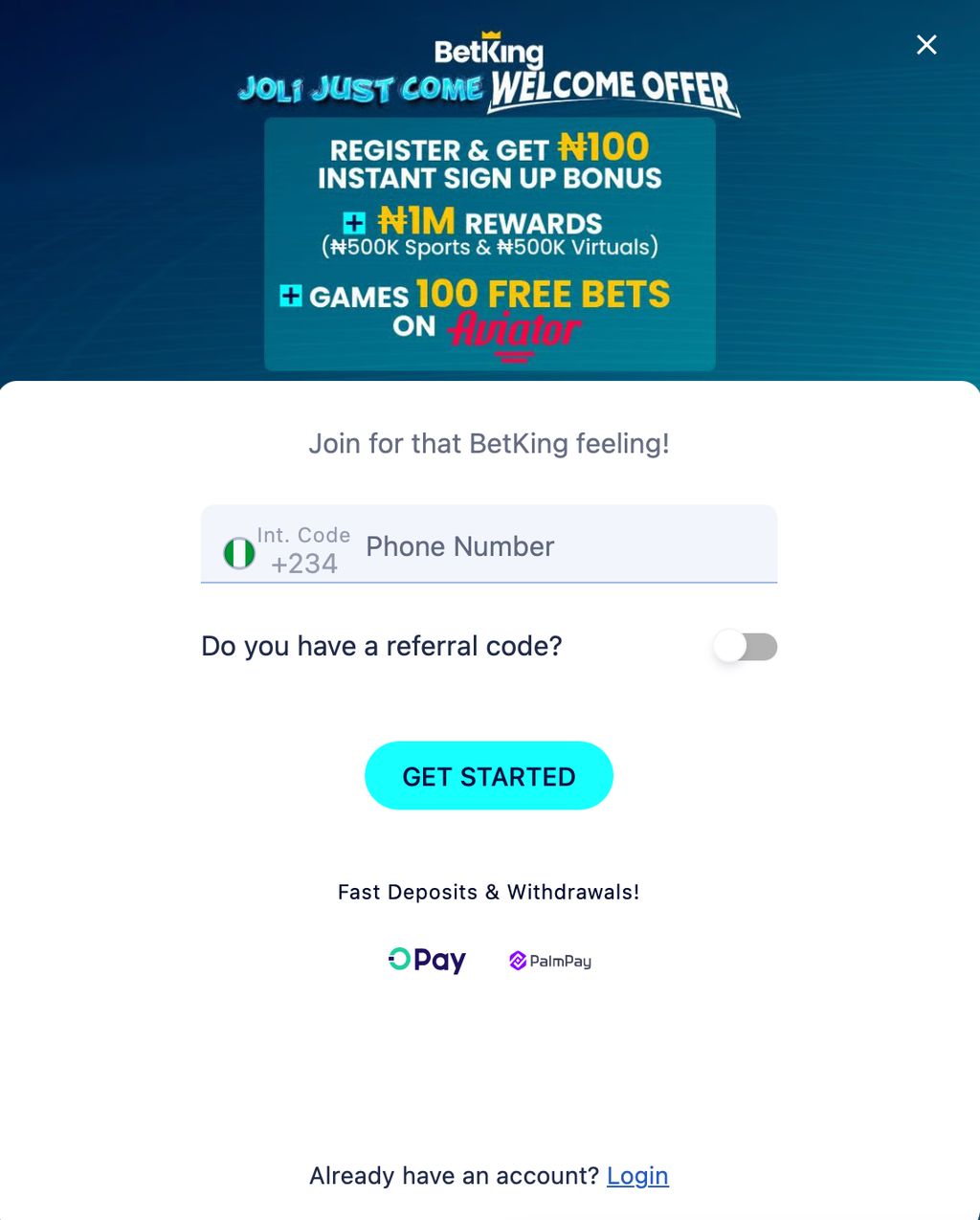 BetKing registration form for Nigerian users”
