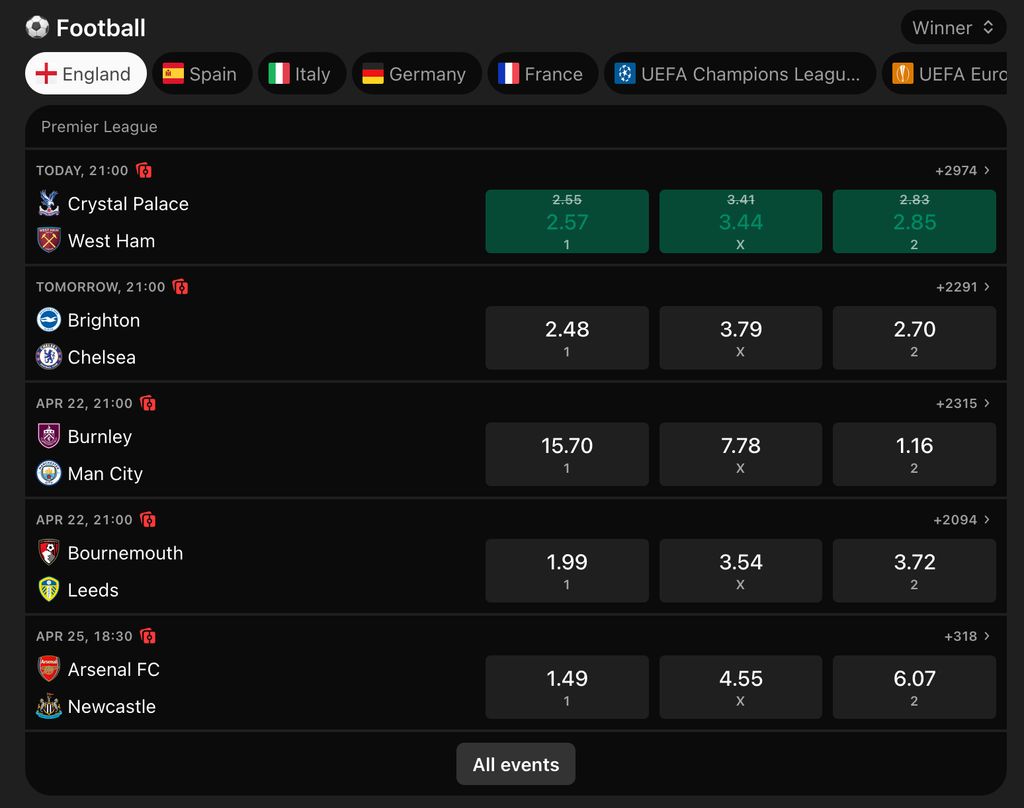 Premier League odds on Surebet247