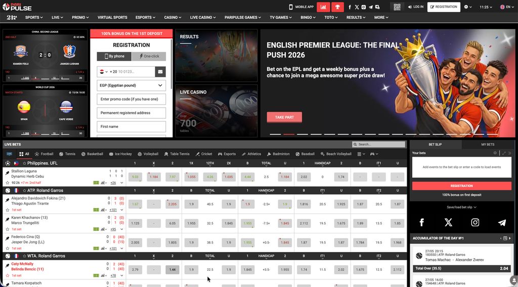 PariPulse homepage showing sports, live casino, and registration sections
