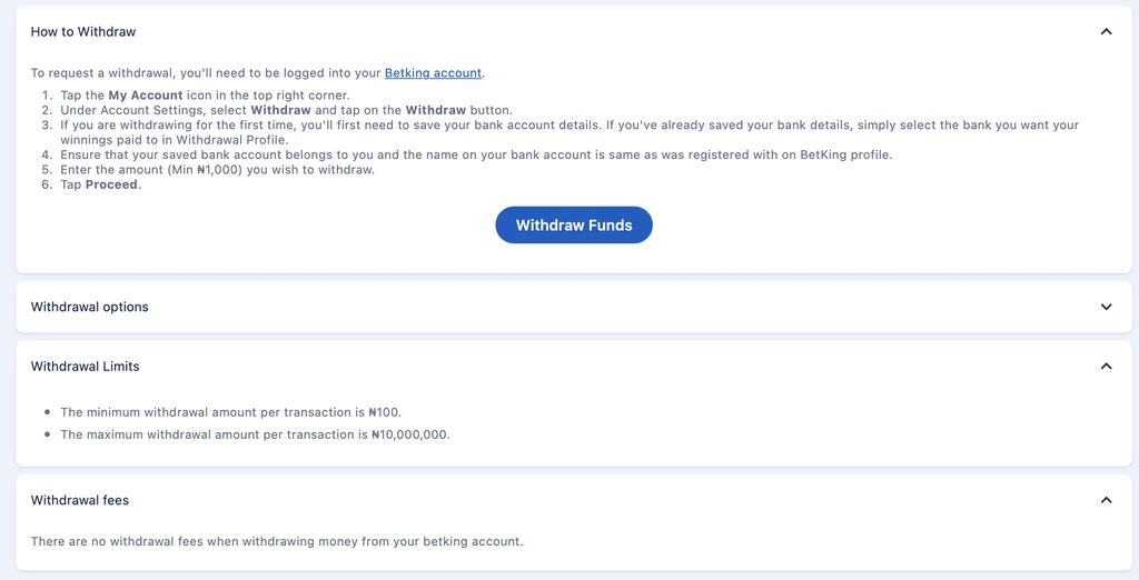 BetKing withdrawal help page and payout limits”