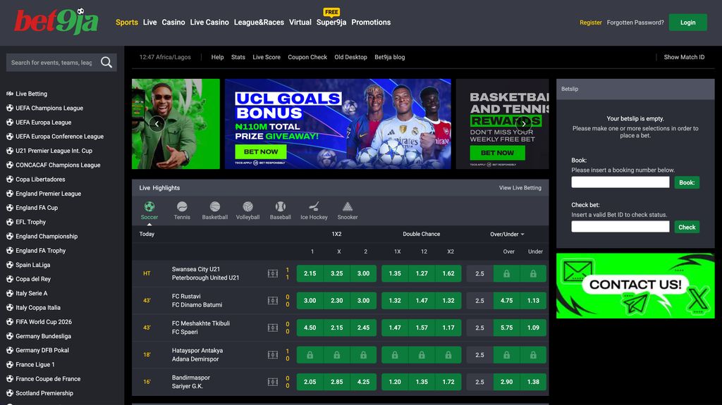 Bet9ja homepage with sportsbook and navigation