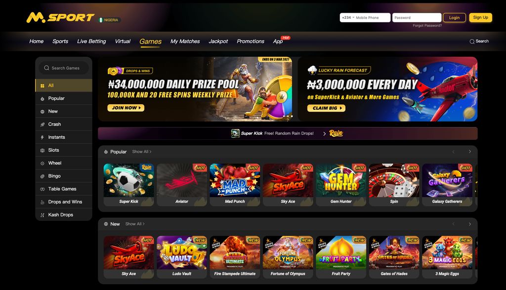 MSport games lobby with crash, instant, slot and table-game categories.