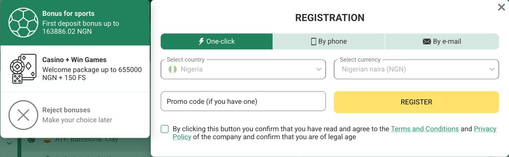 BetWinner welcome bonus options and one-click registration form