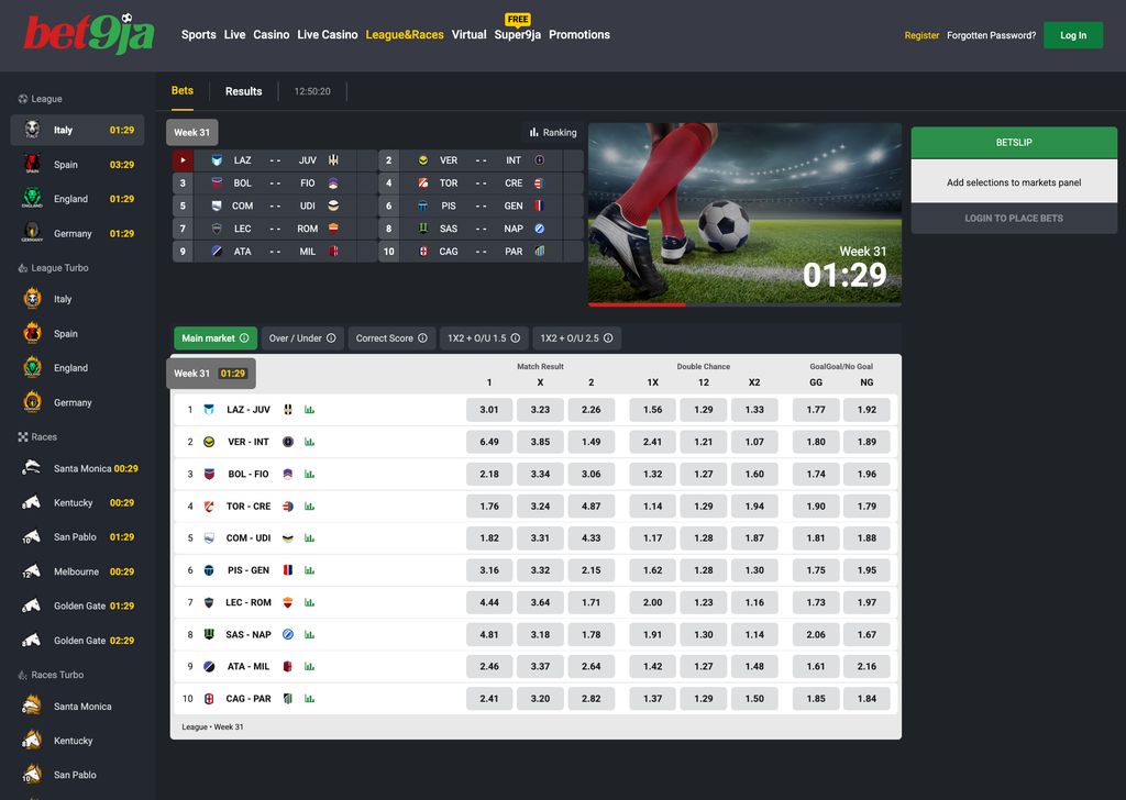 League & Races section with weekly football pools