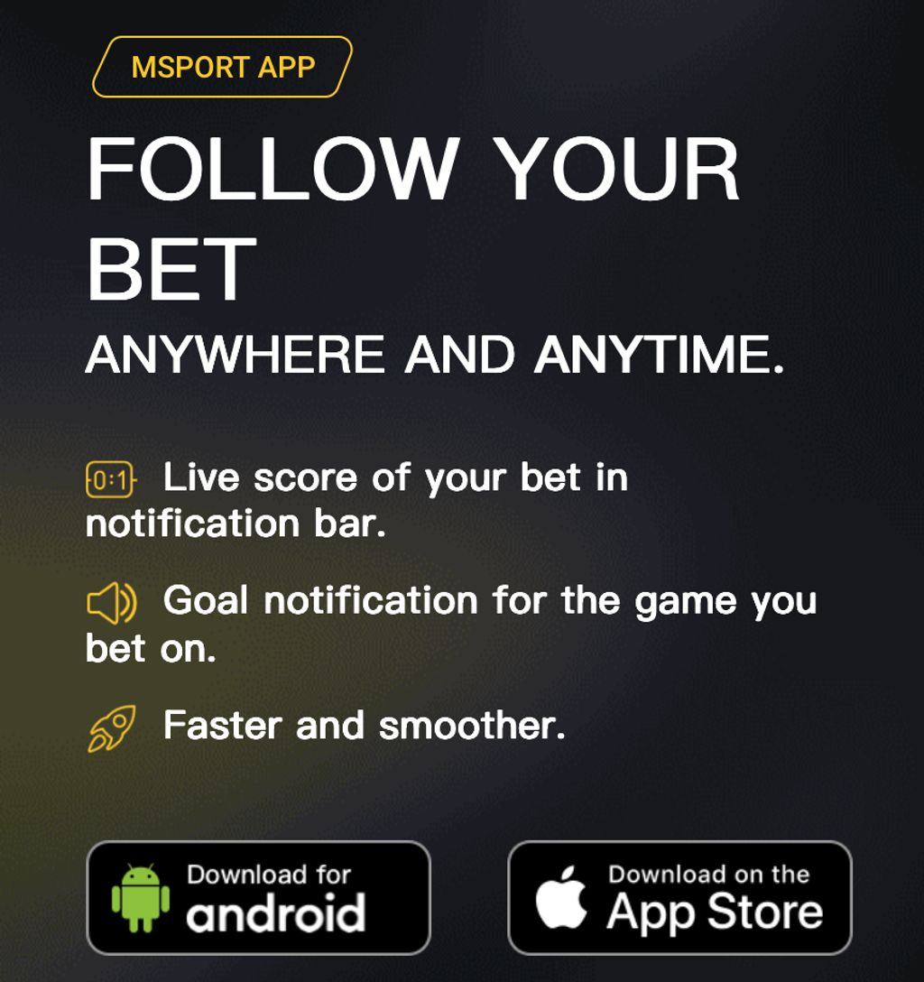 MSport app landing page with Android and App Store download options.