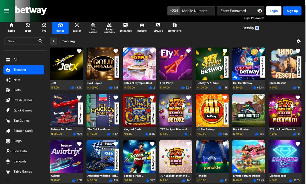 Popular crash and slot games in the Betway casino lobby