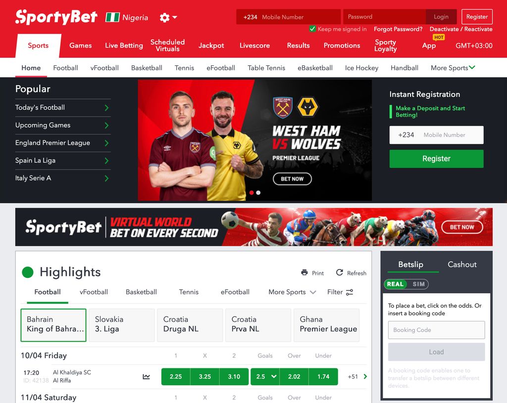 SportyBet Nigeria homepage with sportsbook navigation, registration access and a booking-code betslip.