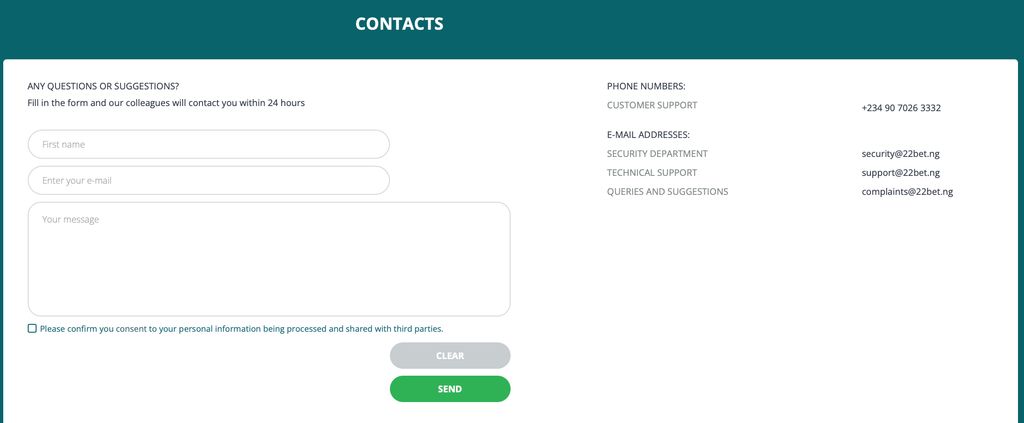 22Bet contacts page with phone, e-mail addresses, and contact form