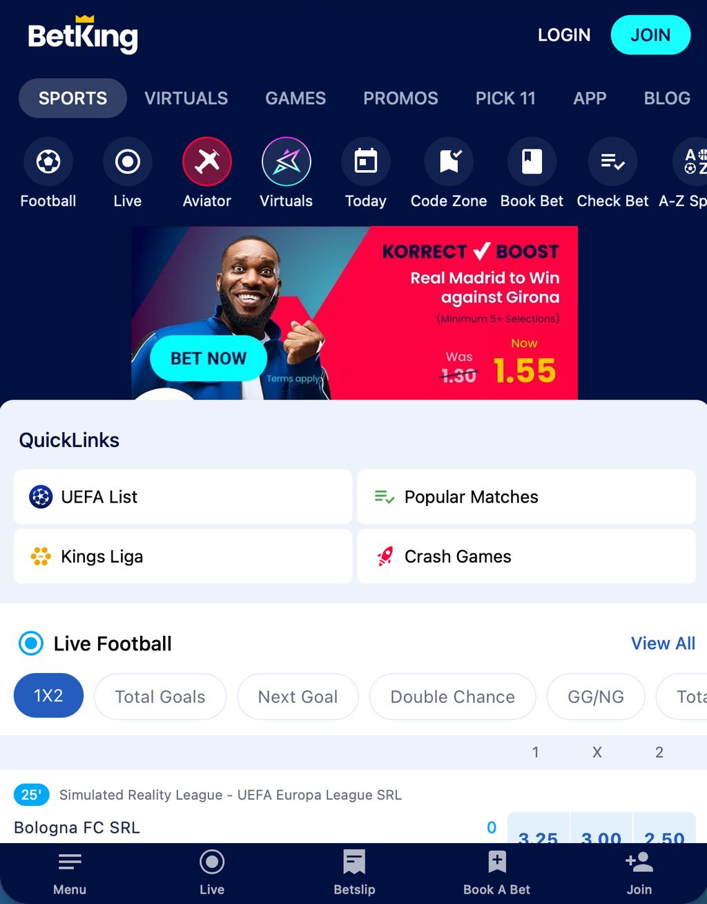 BetKing sports home screen and quick links