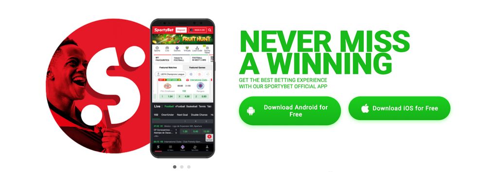 Official SportyBet app download page for Android and iPhone.