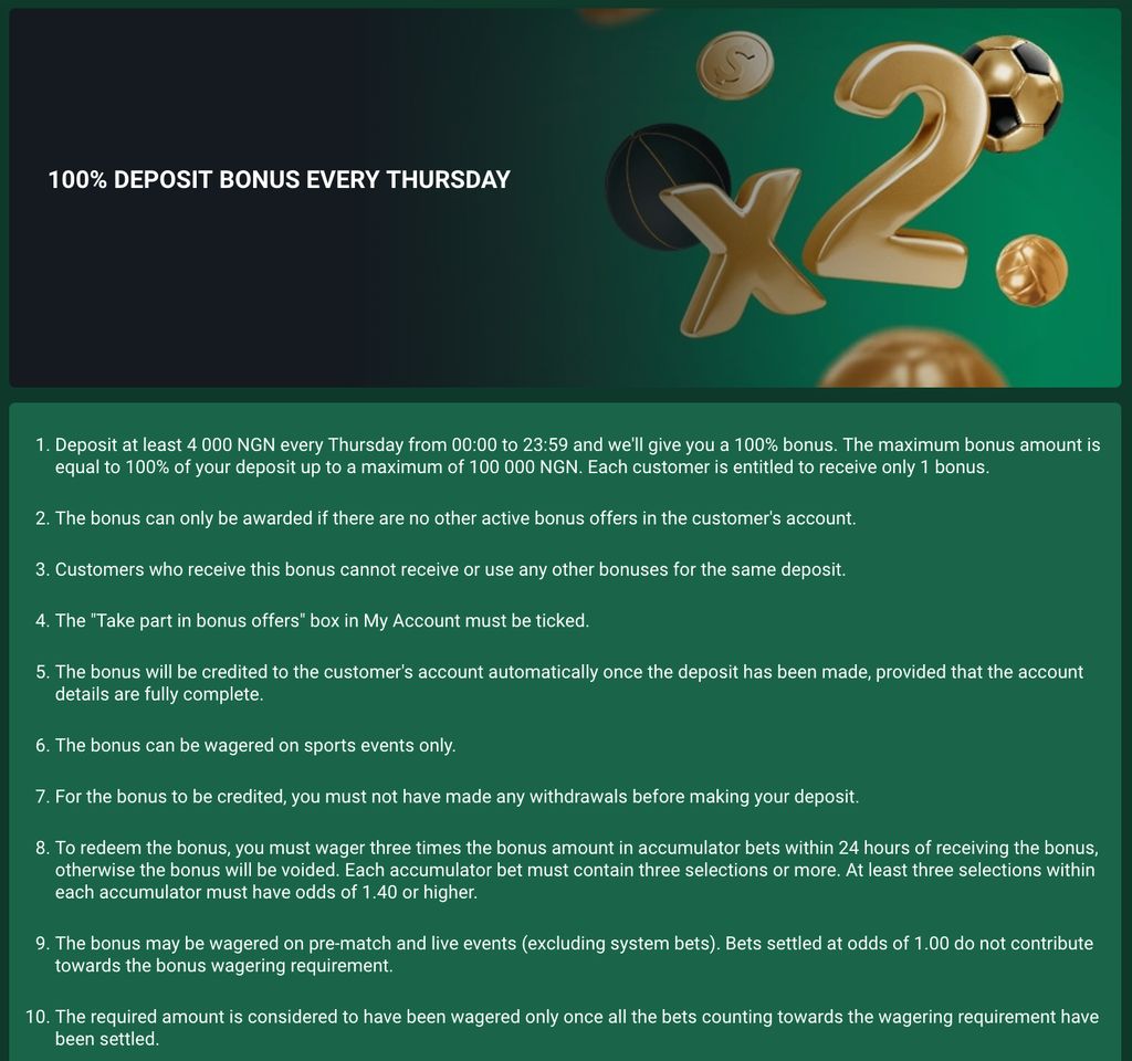 100% deposit bonus every Thursday — rules and conditions