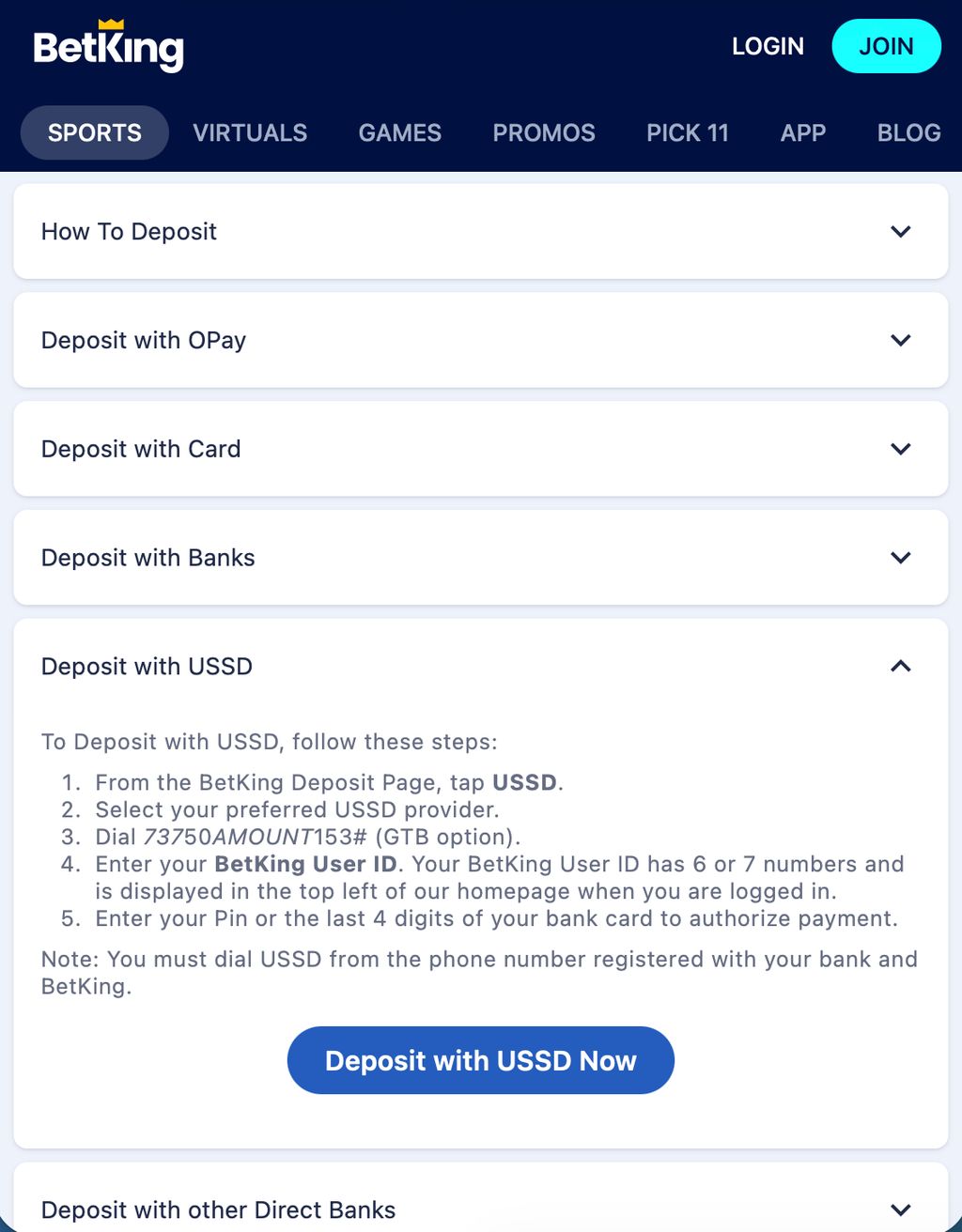 BetKing deposit help page with USSD instructions