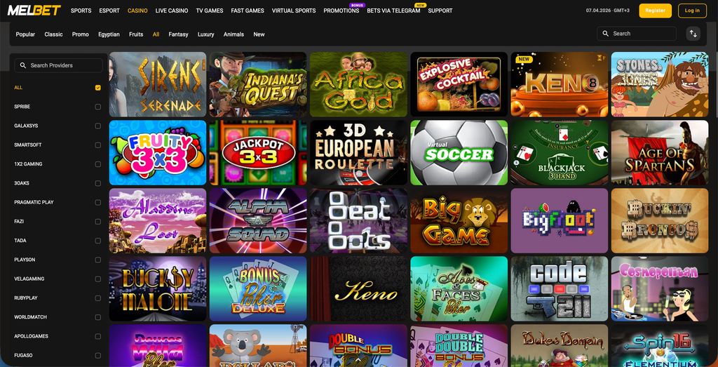 Casino lobby categories and provider filters.